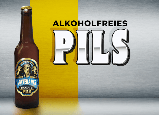 Bierflasche „Lotteraner Alkoholfreies Pils“ mit Schriftzug „Alkoholfreies Pils“.