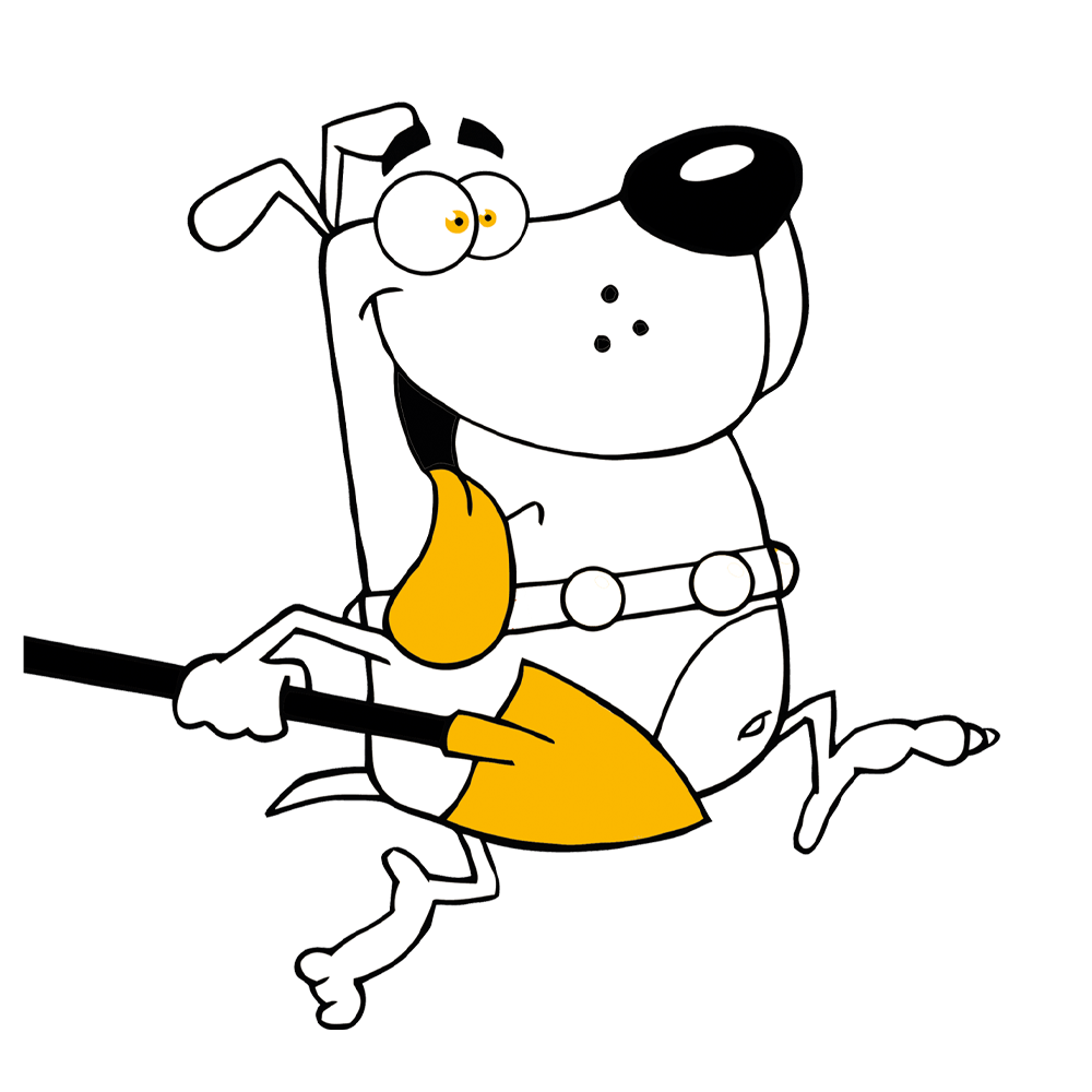 Fröhlicher Comic-Hund läuft mit einer gelben Schaufel in der Pfote.