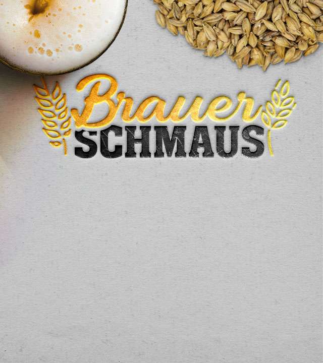 Logo „Brauer Schmaus“ mit Bier, Gerste auf heller Fläche