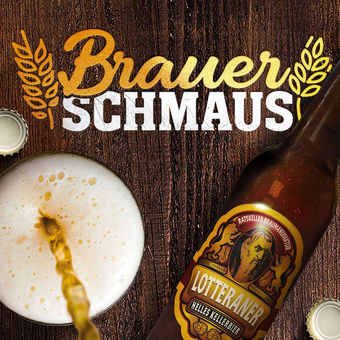 Brauerschmaus mit Holzuntergrund, Bierflasche Lotteraner Helles Kellerbier