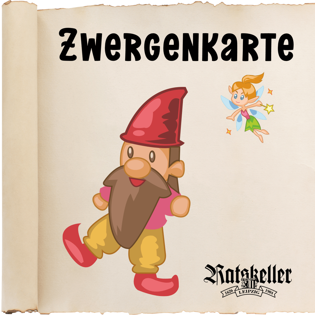 Kindgerechtes Menü-Cover mit Zwerg, Fee und Schriftzug „Zwergenkarte“