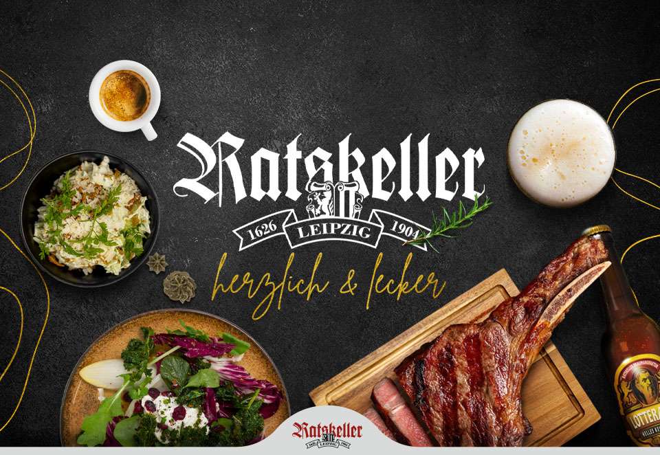 Ratskeller Leipzig – Titelbild mit verschiedenen Gerichten auf Schiefer