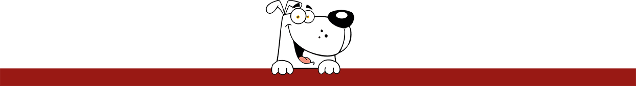 Cartoon-Hund schaut freundlich über eine rote Linie