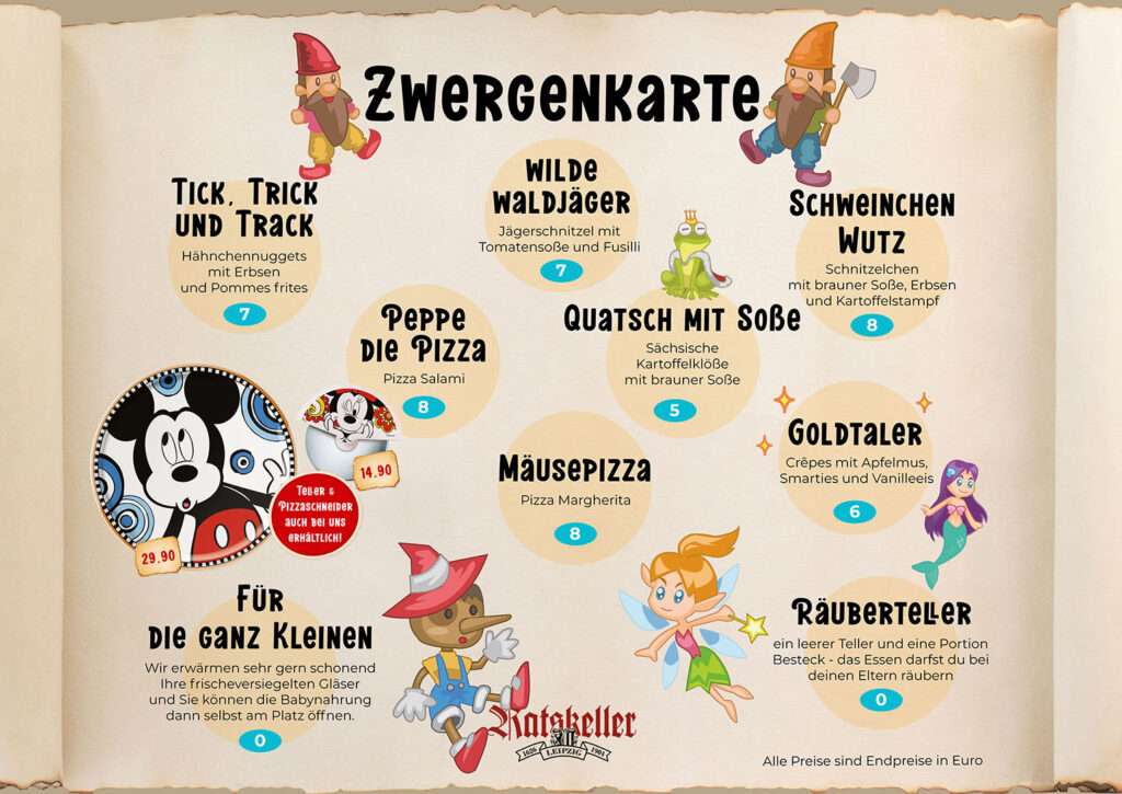 Illustrierte Zwergenkarte des Ratskellers Leipzig mit Kindergerichten wie Pizza, Schnitzel, Hähnchennuggets und Crêpes im märchenhaften Design.